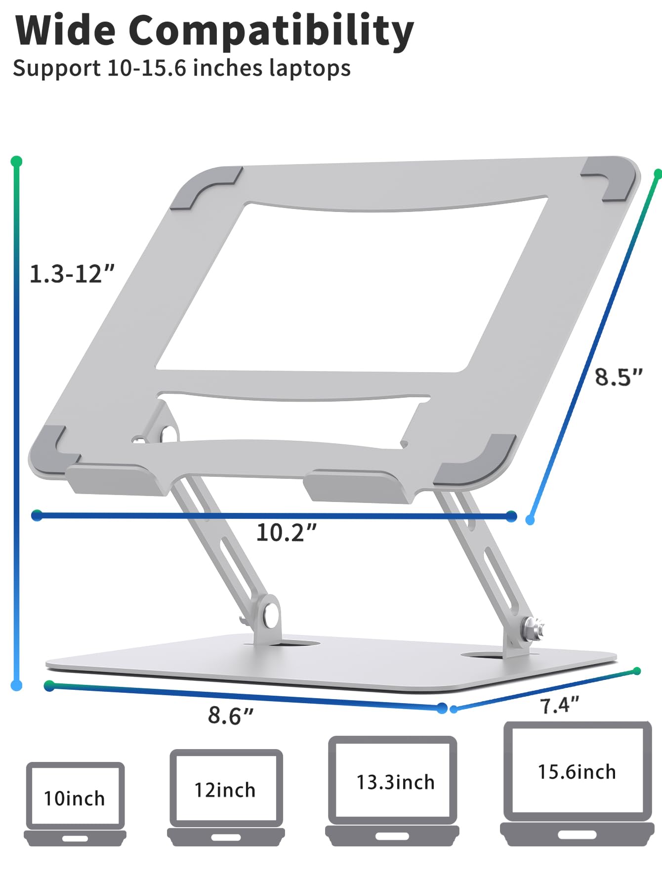 SOUNDANCE Laptop Stand for Desk with Stable Heavy Base, Adjustable Height Multi-Angle, Ergonomic Metal Riser Holder, Foldable Mount Elevator, Compatible with 10 to 15.6 Inches PC Computer, Silver