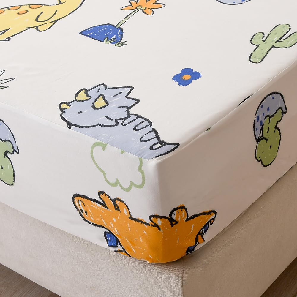 NATURETY Bedding Fitted Sheet with Deep Pocket,Dinosuar Printed Soft Fabric Bed Sheets (Colorful Dino, Twin)