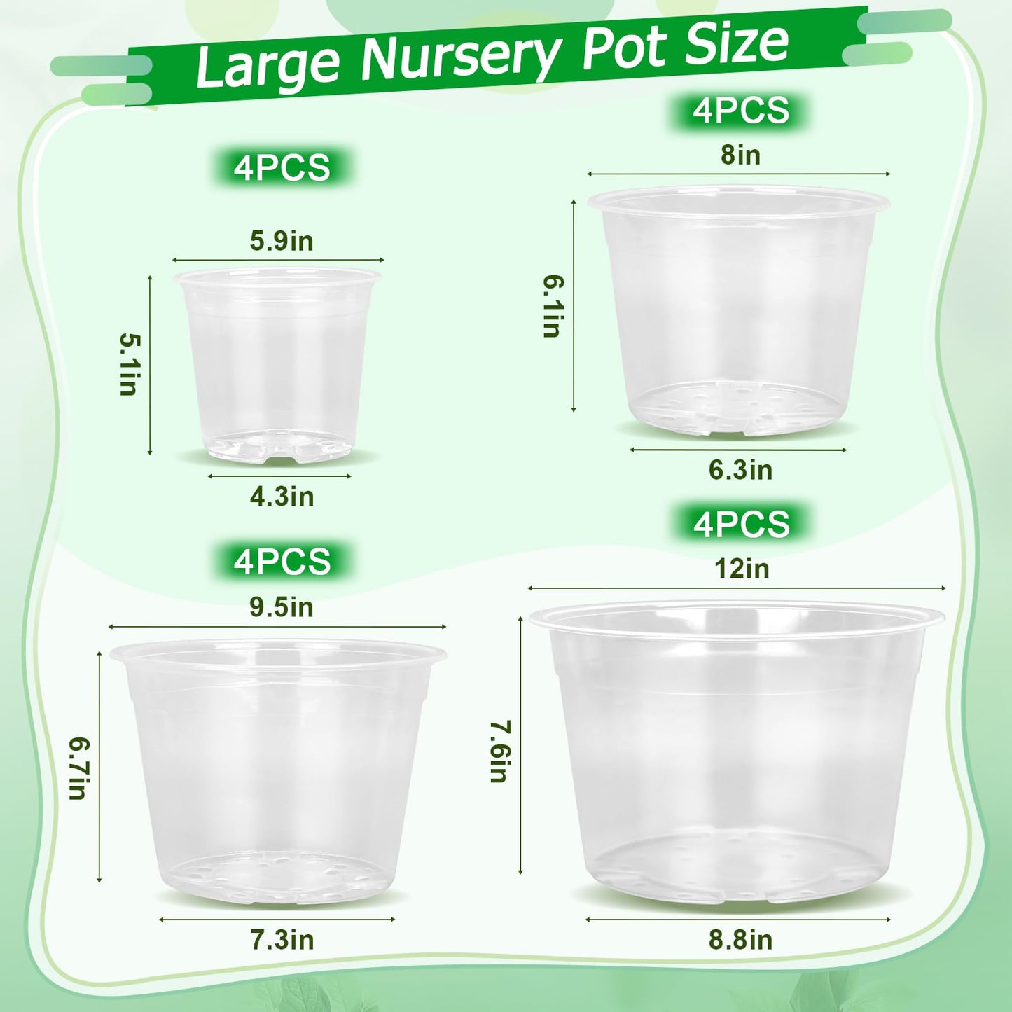 FUIJOL 6/8/10/12 Inch Large Clear Nursery Pots with Drainage, 16 Pack Clear Plastic Nursery Pots for Plants, Garden Seedling Starter Plant Pots for Succulents, Flower & Vegetable (6/8/10/12in-16Pack)