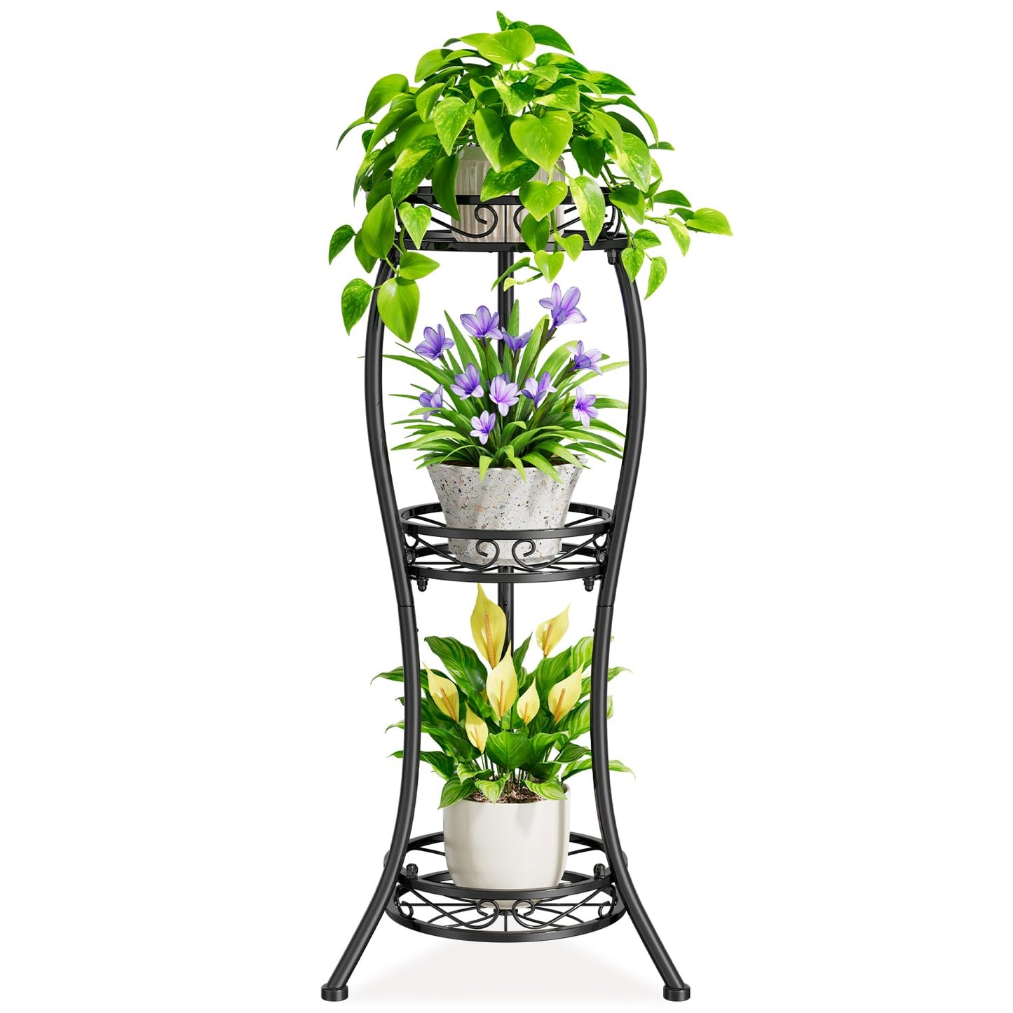 iDavosic.ly 3 Tier Tall Metal Plant Stand Indoor Outdoor, Wrought Iron Corner Flower Pot Holder Shelf, 34 Inch Vertical Display Rack for Patio Porch Living Room Garden, Black