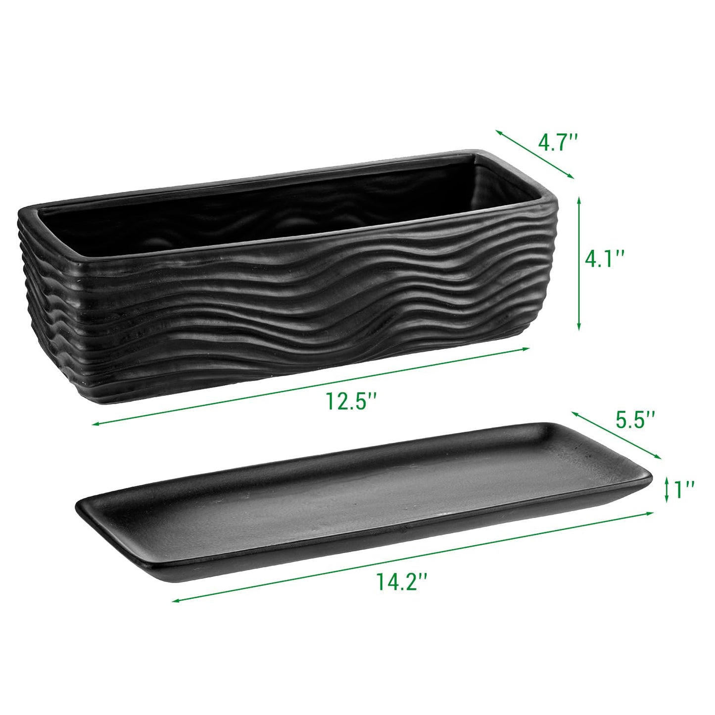MyGift 12.5 inch Ceramic Planter, Modern Textured Rectangular Succulent Flower Plant Pot with Wave Design and Removable Drip Tray Saucer (Black)