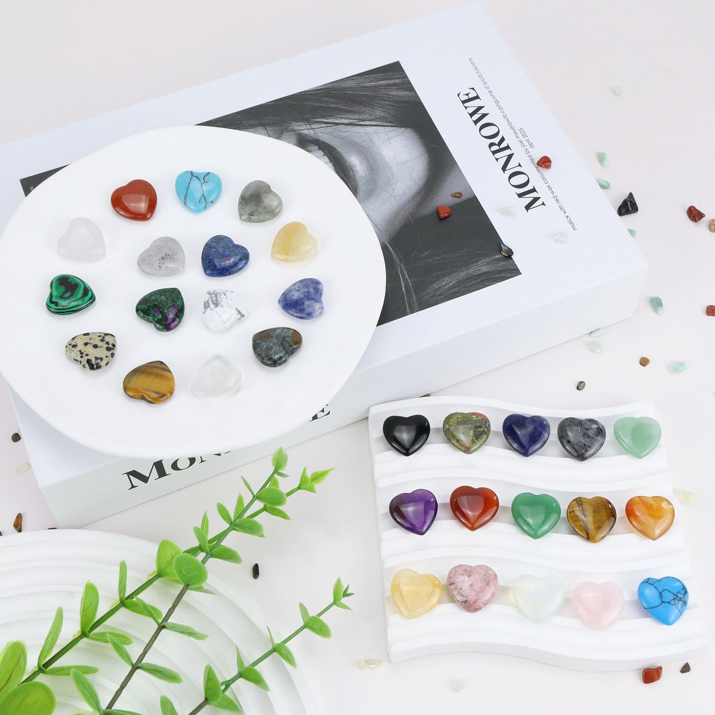 NUKAYAI 40 PCS Healing Crystals Mother Gemstones Love Heart Shaped Trinket Rose Quartz Amethyst Set Wholesale Worry Stone Reiki Healing Crystal Cute Bulk Meditation Mother's Day Gifts for Women