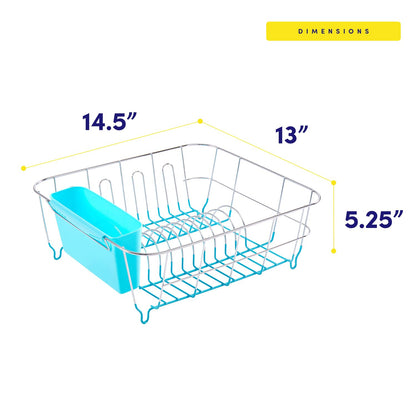 Sweet Home Collection 2 Piece Dish Drying Rack Set Drainer with Utensil Holder Simple Easy to Use Fits in Most Sinks, 14.5" x 13" x 5.25", Turquoise Blue