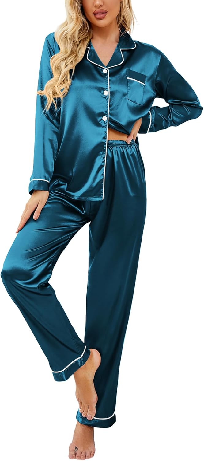 Ekouaer Women's Classic Button Down Long Satin Silk Pajama Set