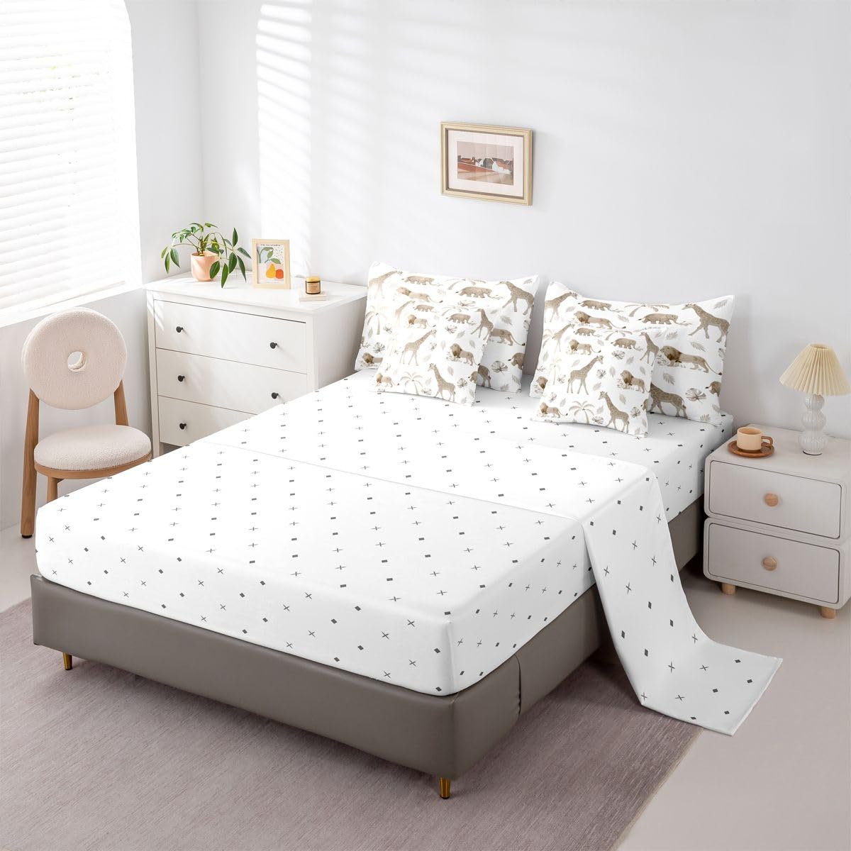 Erosebridal Jungle Animals 7 Piece Bedding Set Twin Elephant Lion Giraffe Animal Comforter Set with Sheets African Bed in A Bag Hunter Brown Wildlife Bed Sets with 2 Pillowcases, 2 Throw Pillow Covers