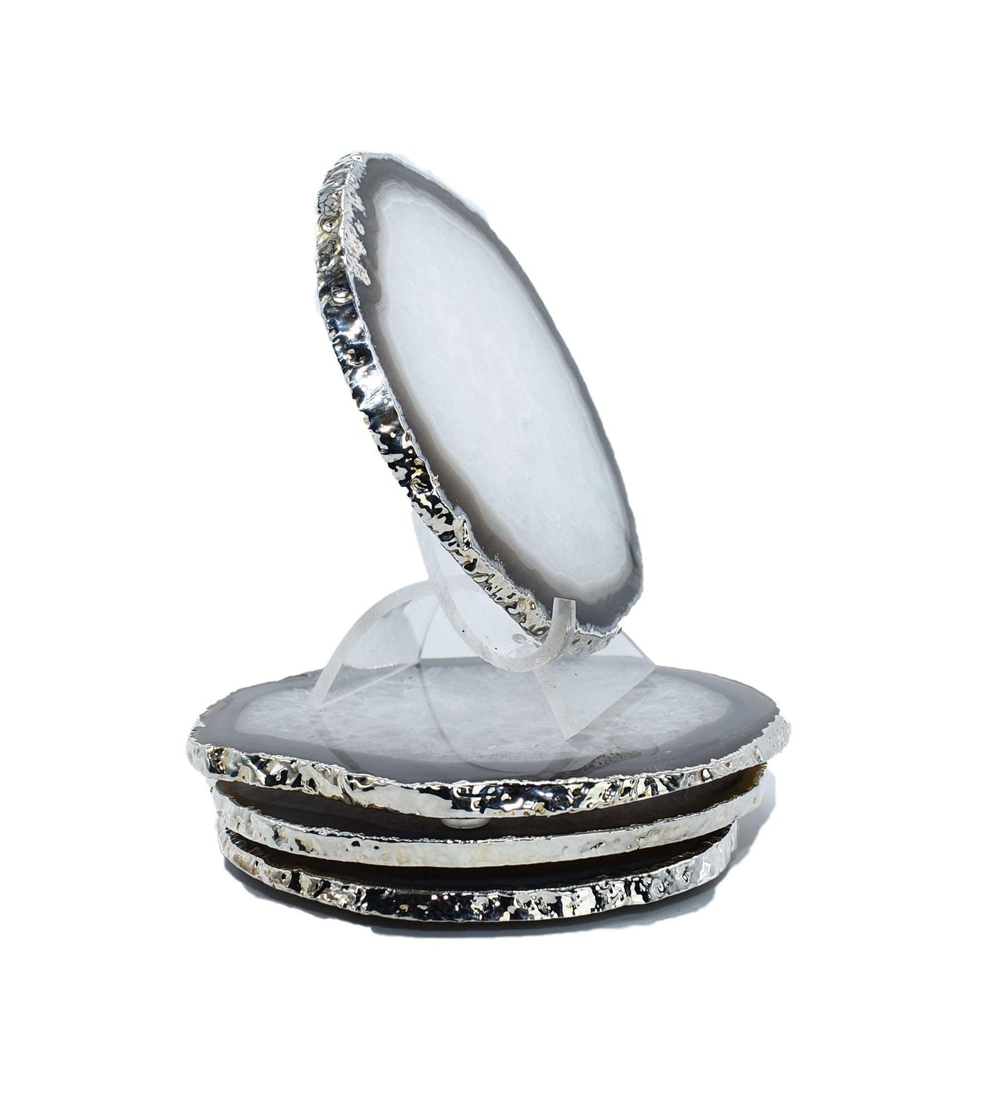 Nature's Decorations Natural Agate Stone Coasters with Real Silver Edge - Set of 4 Polished Geode Drink Mats for Dining & Coffee Table & Kitchen Decor No Dye 3.5-4" Diameter