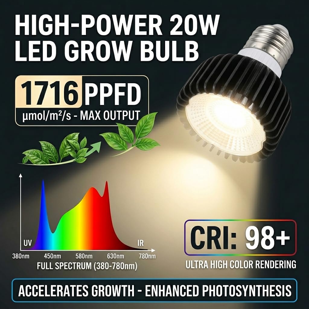 HMVPL Hanging Grow Lights for Indoor Plants Full Spectrum, Plant Light for Indoor Growing with 20W COB Grow Light Bulb, Wall Mounted Grow Light with Swing Arm, 4/8/12H Timer for Large Small Plant