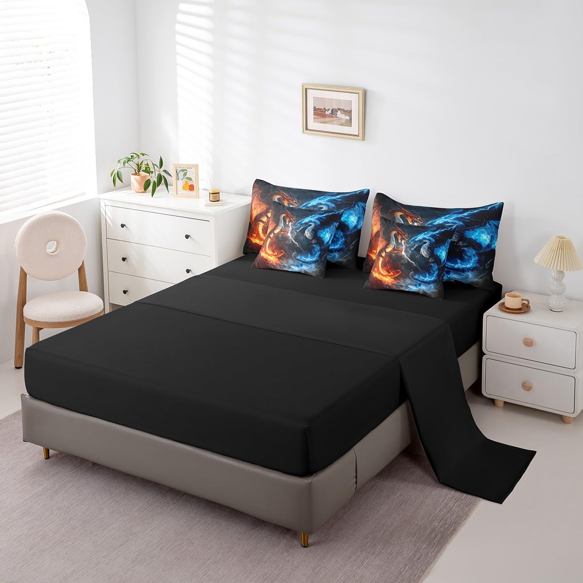Feelyou Dragon Comforter Set with Sheets Twin Size Dragon Stuff Bed in a Bag for Boys Girls Teens Wild Life 7 Pieces Bedding Set Thunder and Lightning Bed Set Room Decor Blue Orange