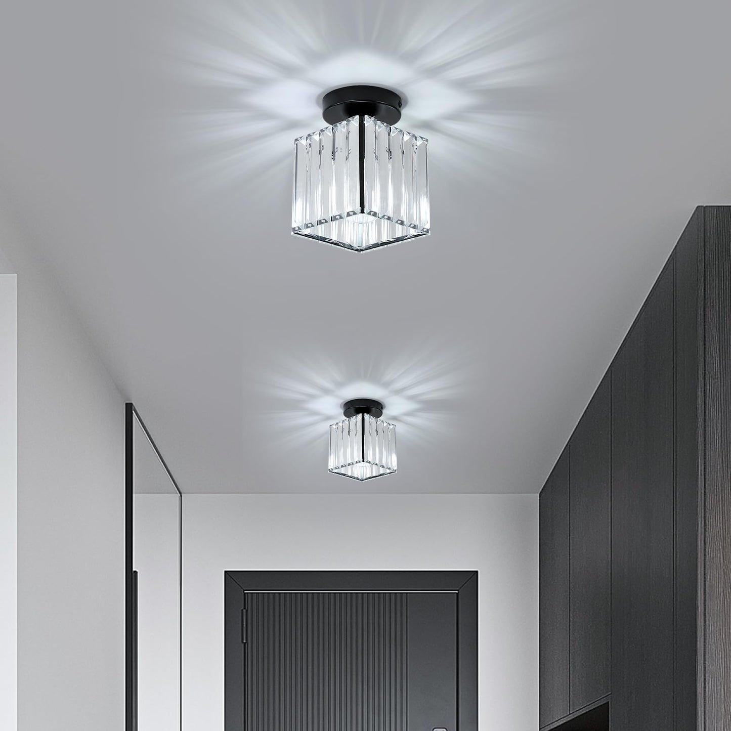 Goeco 2 Pack Square Crystal Semi Flush Mount Ceiling Light, 5.1 Inch Modern Black Mini Size Close to Ceiling Light Fixture for Hallway, Entryway, Stairway, Bathroom