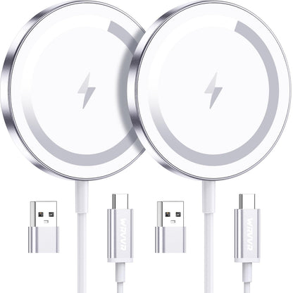 WRVVR for Apple Mag-Safe Charger 2 Pack, Magnetic Wireless Charger for iPhone 16 15 14 13 12 Pro Max Plus mini, 15W Fast Charging Pad, for Airpods 4/3/2/Pro, Strong Magnet, Silver
