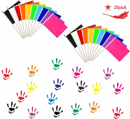 20 Pack Red Orange Yellow Green Blue Purple Black White Pink Small Mini Wood Stick Flag Set, 5x8 Inch Solid Color Blank HandHeld Small Miniature Plain Flags for DIY Graffiti