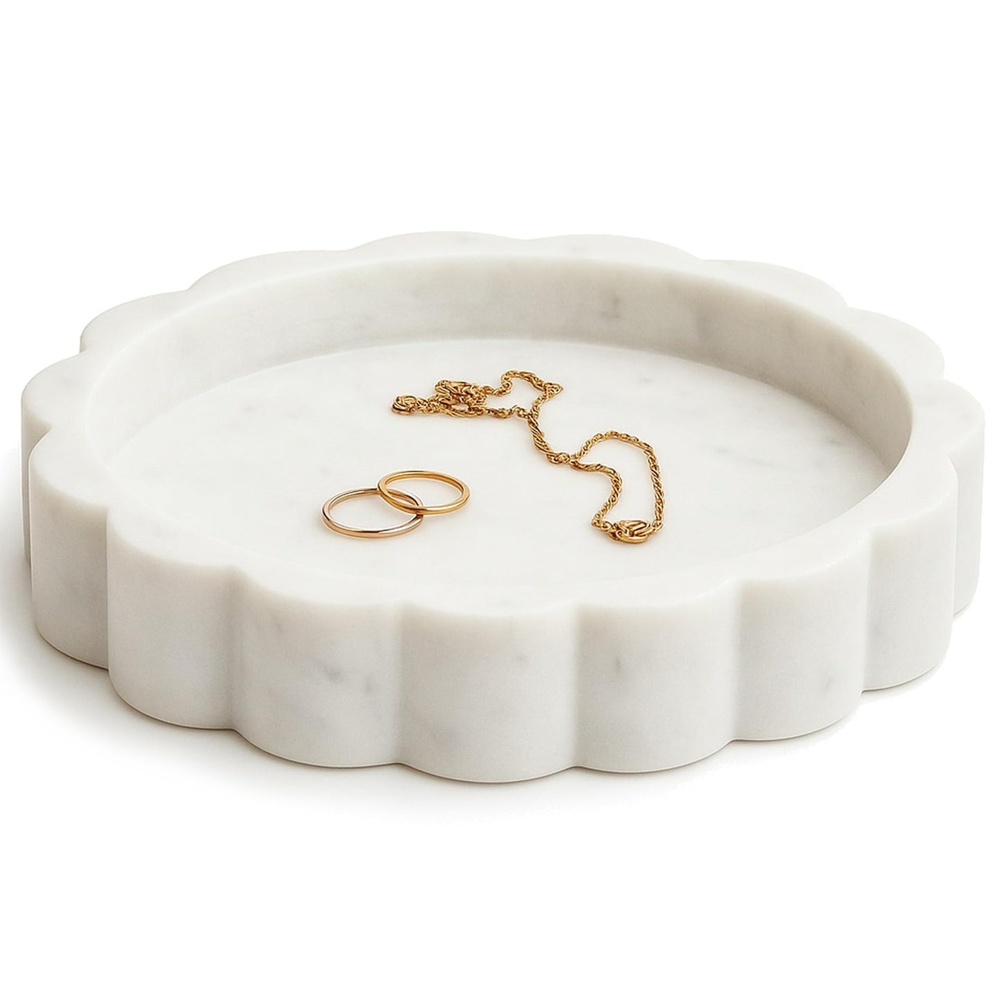STRONA White Scalloped Marble Tray - 8" Round Stone Vanity Tray for Perfume & Jewelry, Marble Dish for Bathroom Countertop & Kitchen Counter, Decorative Tray for Bathroom & Kitchen, Modern Catchall