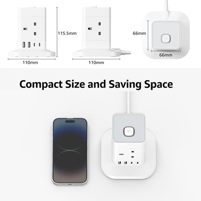 Cube Extension Lead with USB Slots, Hotimy 4 Way Multi Plug Extension Socket with 2 USB C and 2 USB A, 13A 3250W Power Strip with Switch 1.5M Extension Cords for Desk Home Office Travel