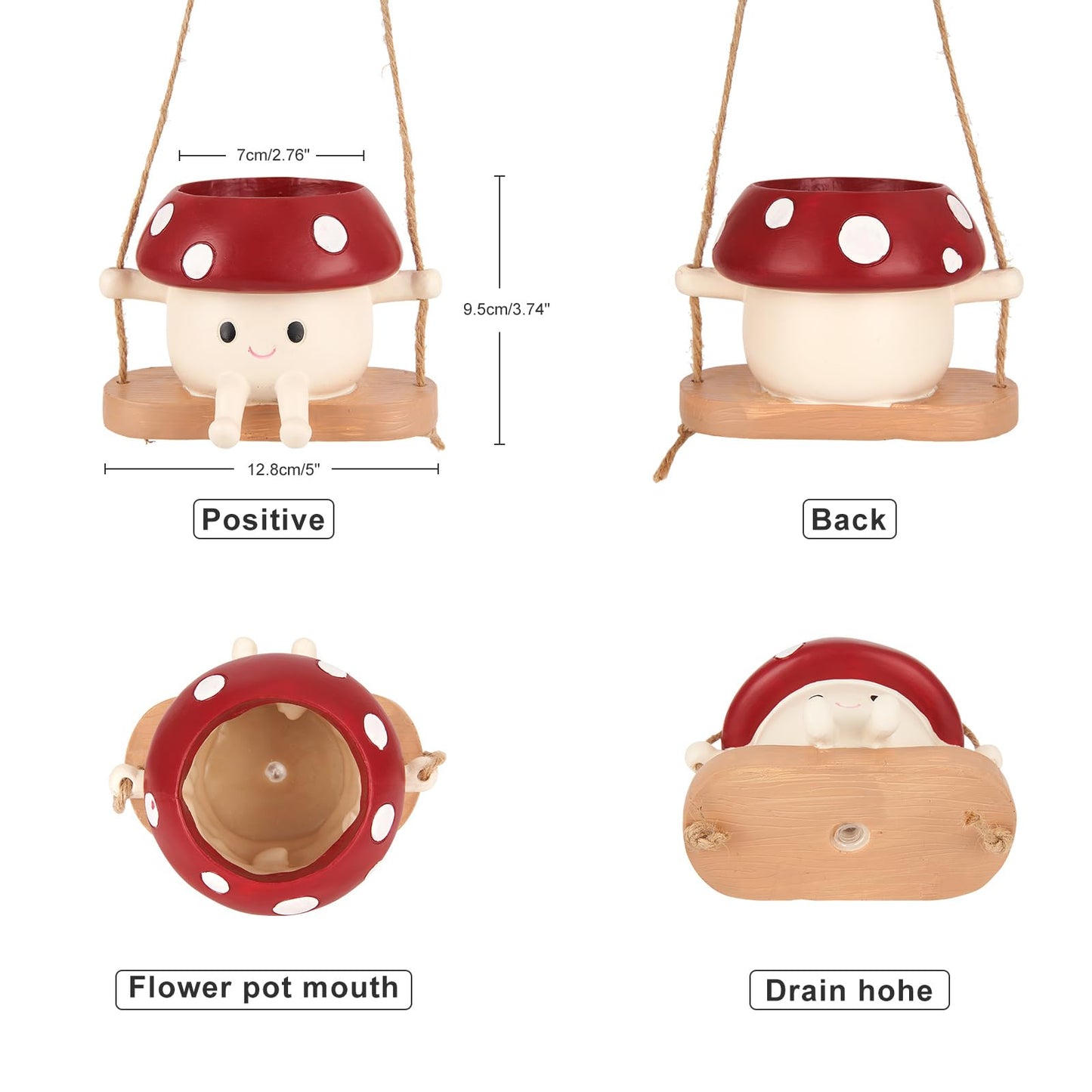 2pcs Mushroom Smily Swing Face Planter Pot, Cute Hanging Resin Flower Head Planter for Indoor Outdoor Plants,Gift IdeaI for Mother,Father and Appreciation Christmas with Drainage Hole (Red&Yellow)