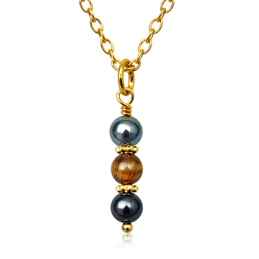 EnCharmed Gold Tone Triple Protection Necklace, Handmade Healing Jewelry for Luck Prosperity Happiness, Natural Hematite Tiger Eye and Black Obsidian Pendant, Spiritual Gift for Men or Women