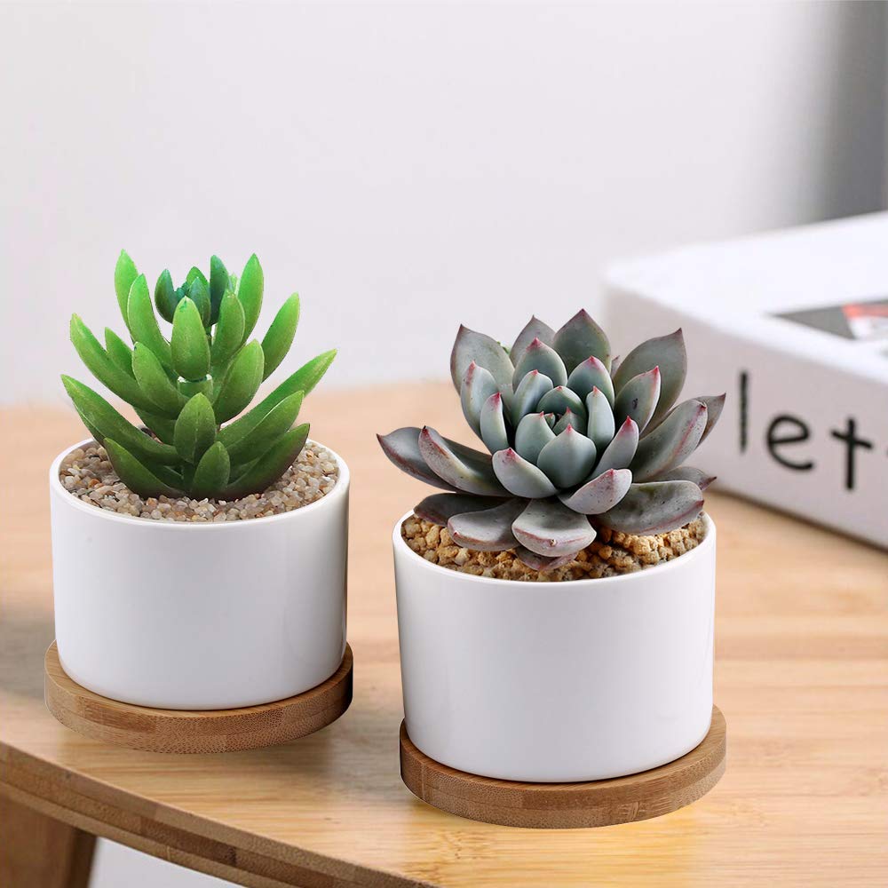 ZOUTOG Succulent Pots, White Mini 3.15 inch Ceramic Flower Planter Pot with Bamboo Tray, 6 inch Ceramic Planters for Indoor Plants, Plants Not Included