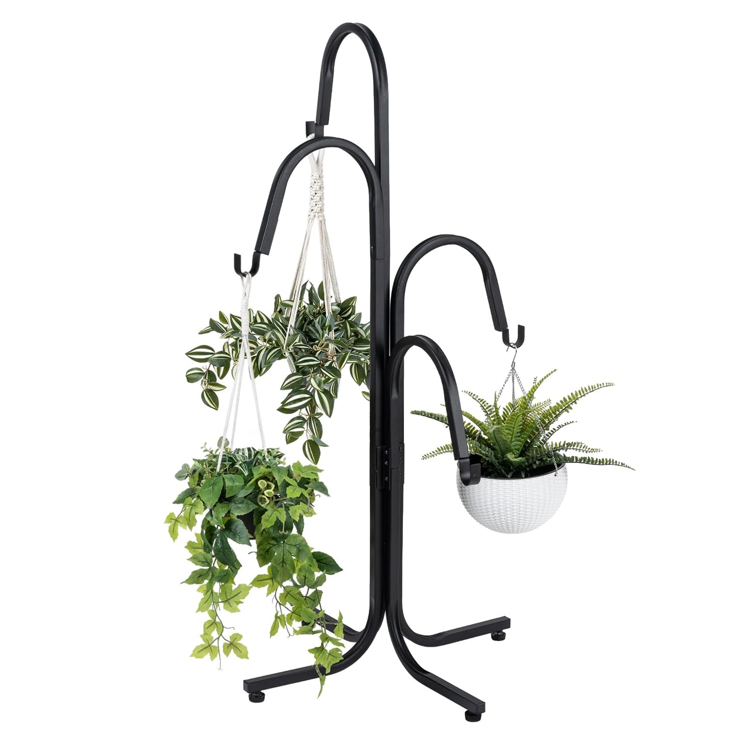MyGift Floor Standing Planter Pot Stand, Industrial Matte Black Metal Heavy Duty Freestanding Plant Basket Hanger Rack with 4 Way Hanging Hooks
