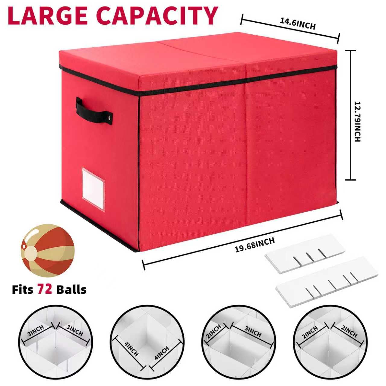 DIMESHY Large Christmas Ornament Storage Box With Adjustable Dividers,Ornament Storage Container with 3 Removable Trays for 72 Holiday Decorations,Red