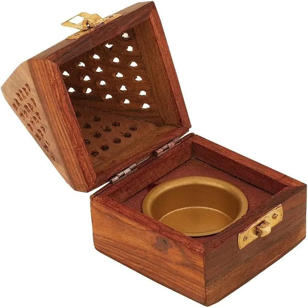Luvikka's Handmade Wooden Pyramid Incense Holder, Natural Wood Ash Catcher with Brass Latch, 5 Inch Cone Burner for Aromatherapy Meditation Yoga