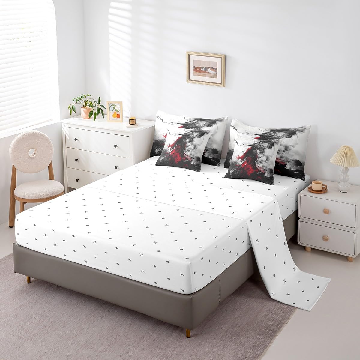 7 Pieces Japanese Style Comforter Set Queen,Ink Painting Oriental Culture Bed Set for Kids Boys Girls,Black Red Bedding(1 Comforter,1 Fitted Sheet,1 Flat Sheet,2 Pillowcases,2 Throw Pillow Cover)