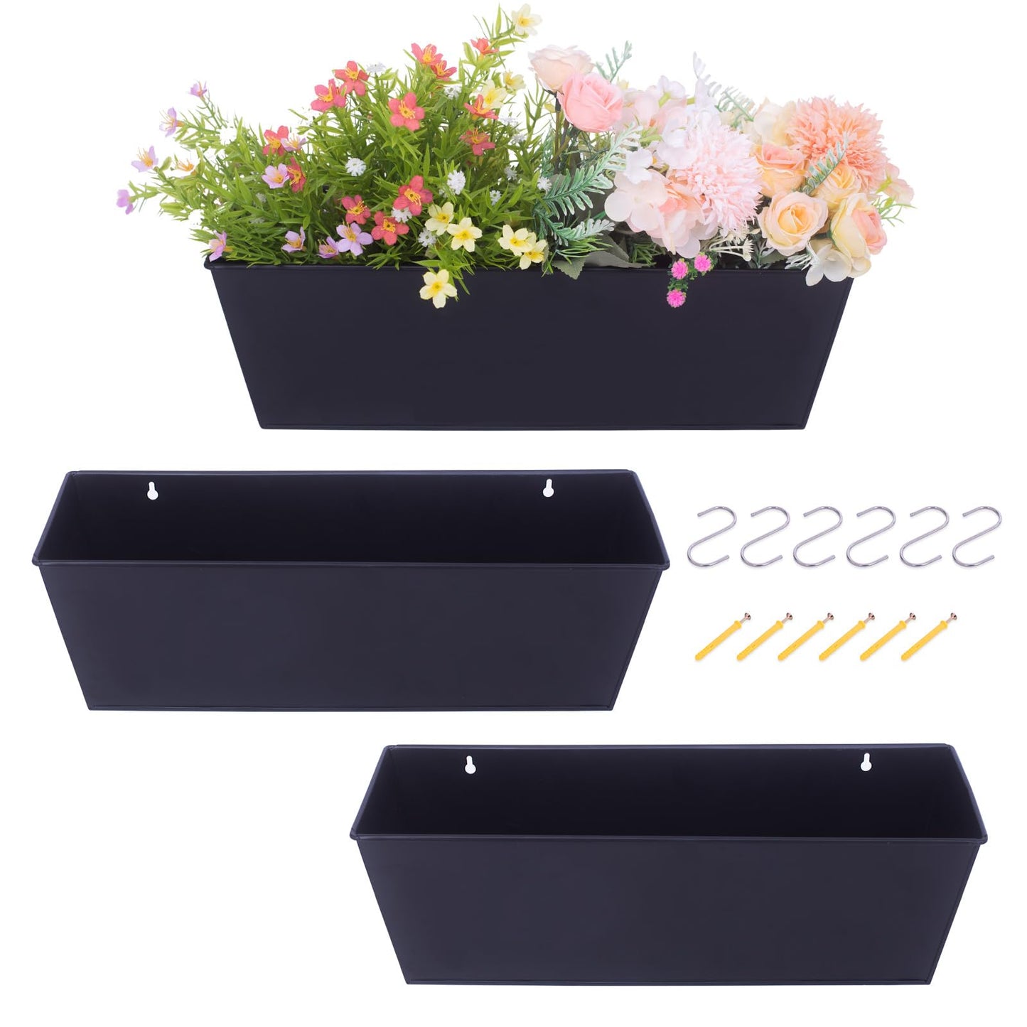 Holensun Wall Hanging Planters for Outdoor Plants 16 Inch Large Metal Fence Pots with Hooks for Outside Garden Balcony Plants 3PCS（Black）