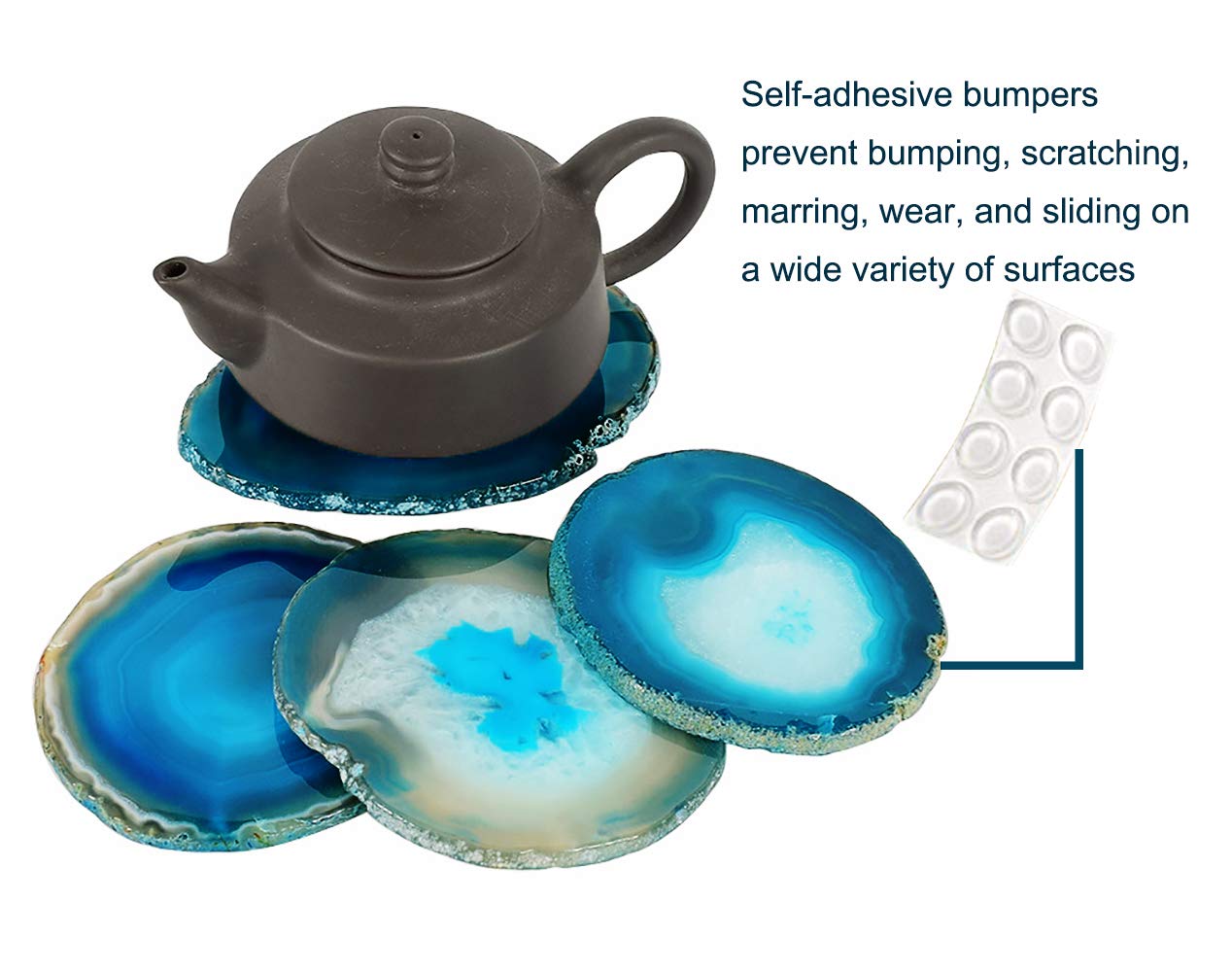 AMOYSTONE Teal Agate Coasters for Drinks - Set of 4 Geode Crystal Quartz Rock Slices With Rubber Bumpers 3-3.5"