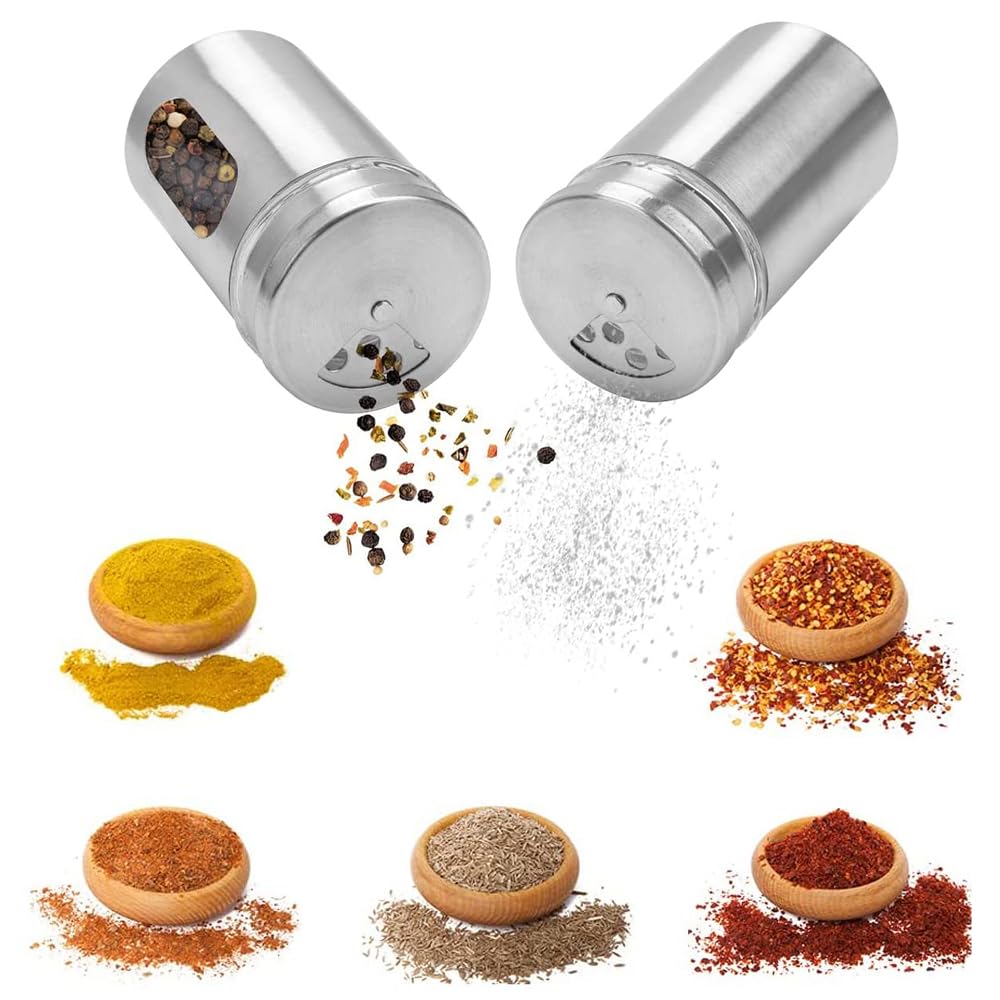 Aiareozy 6 Pack Salt and Pepper Shakers, 80ml Spice Jars with Shaker lids, Salt Shakers Glass with Adjustable Pour Holes, Stainless Steel Seasoning Containers, Spice Bottles Glass for Kitchen