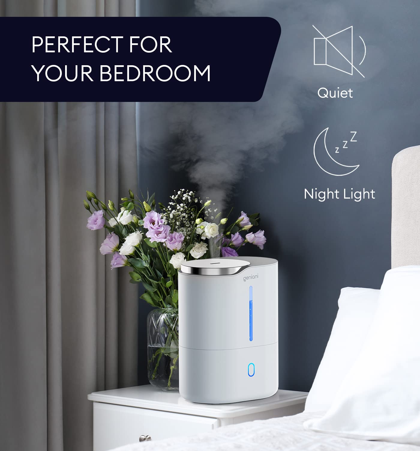 GENIANI Ultrasonic Cool Mist Humidifier for Bedroom, Large Rooms, Home, 4L - Easy Fill & Clean Humidifier for Plants w/Auto Shut-off, 40H Runtime - Quiet, Top Fill Air Humidifier