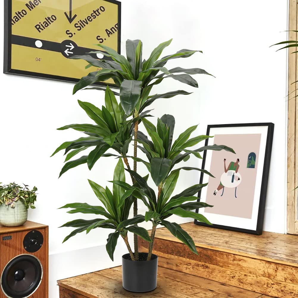 Artificial Dracaena Tree 4ft Tall Faux Dracaena Plants Fake Silk Fragrans Tree with Pot for Living Room Floor Indoor Outdoor Office Home Decor Gift for Housewarming