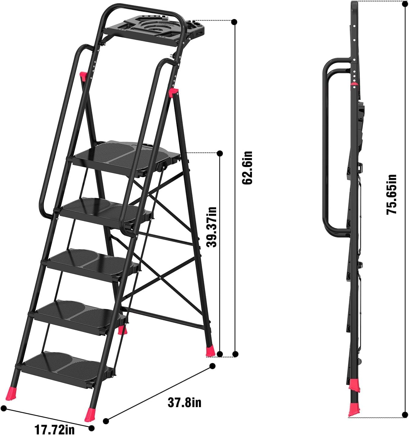 5 Step Foldable Step Ladder Stool with Roomy Tool Tray and Secure Handrail, Foldable Platform Ladder 5 Step Folding Stepstools with Wide Pedals and 800lbs Weight Capacity for Adults, Home, Kitchen