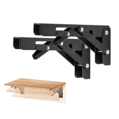Ravinte 10 Inch Folding Shelf Brackets - Matte Black Collapsible Heavy Duty Brackets for Table Bench - Space Saving, 2 Pack ﻿