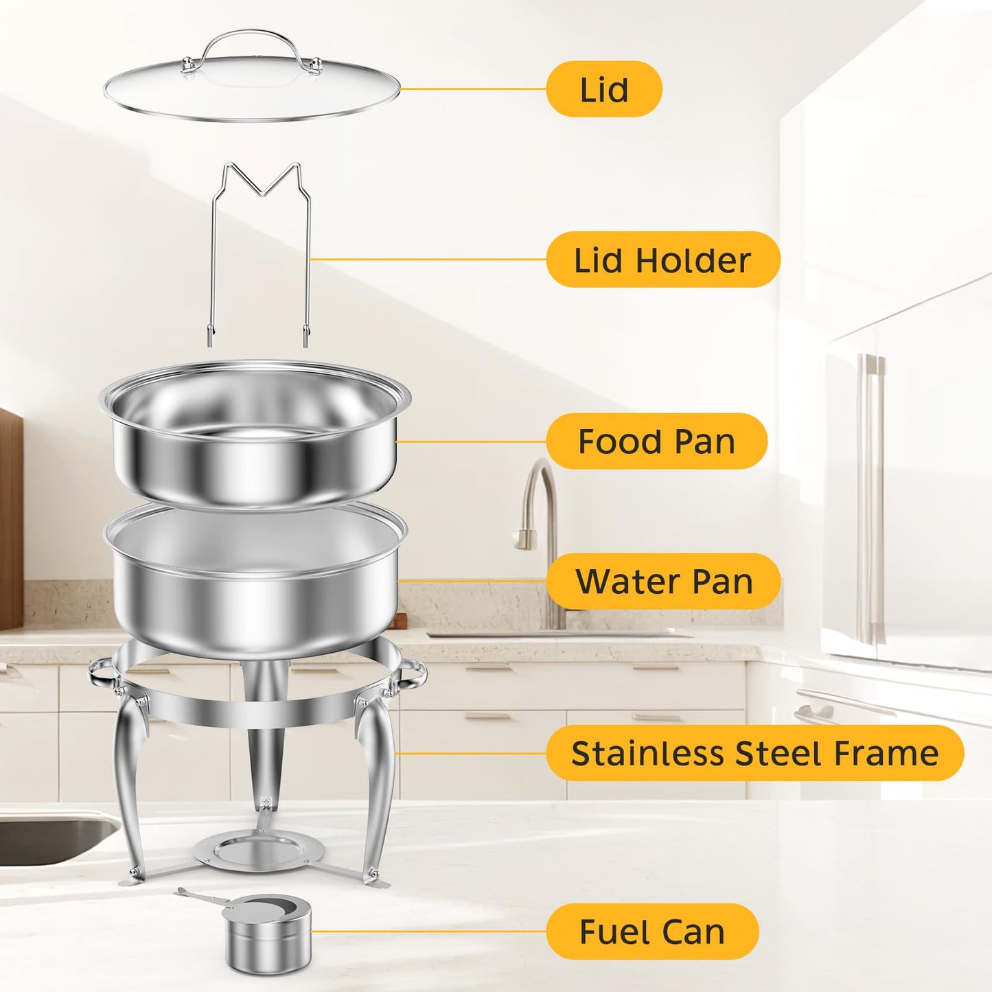 BriSunshine 6 QT Chafing Dish Buffet Set with Serving Spoons, 2 Packs Stainless Steel Round Chafing Dishes with Glass Lid & Lid Holder, Food Warmers for Parties Buffet Weddings Catering Events