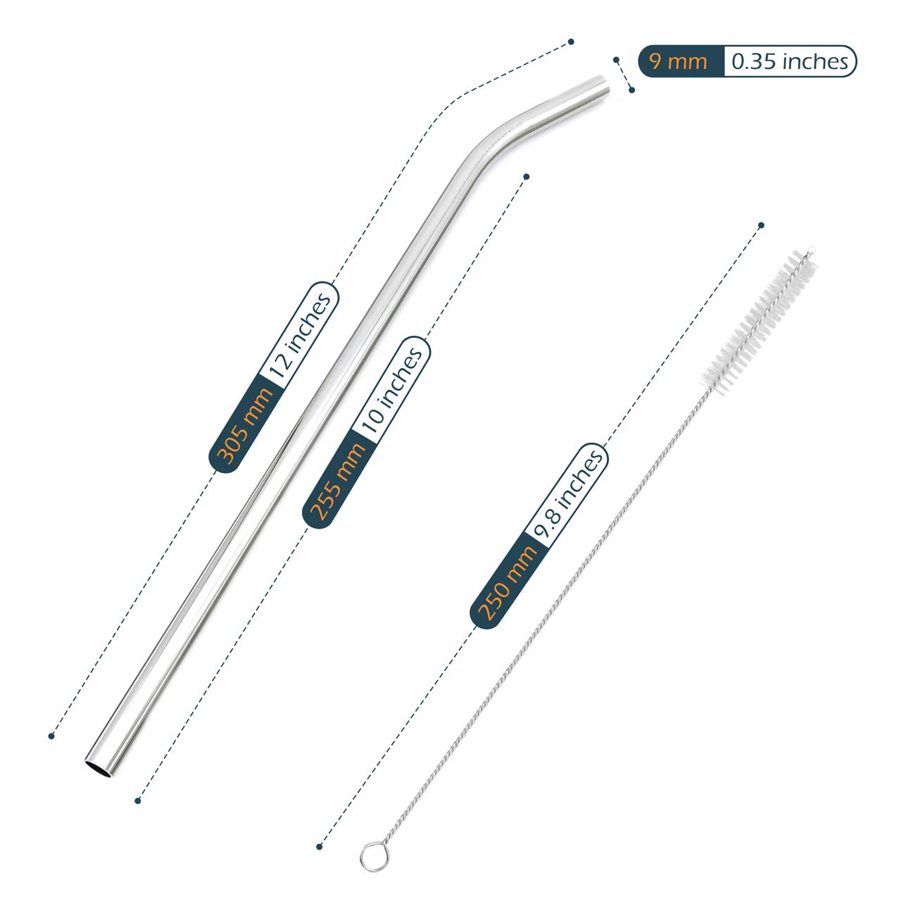 GFDesign Big Drinking Straws Reusable 12 Inches Extra Long 9mm Extra Wide SUS 304 Food-Grade 18/8 Stainless Steel - Set of 4 with 2 Cleaning Brushes - Bent