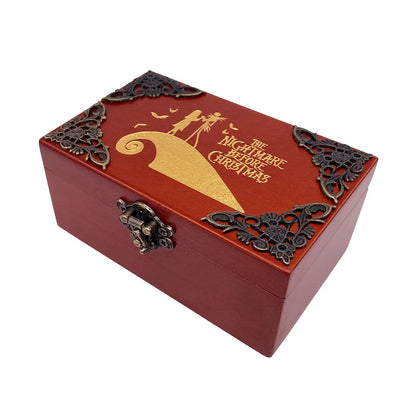 Youtang Nightmare Before Christmas Jewelry Music Box with Mirror Laser Engraved Wood Musical Box Wind up Musical Gift for Her Him Girlfriend Boyfriend (Melody: This is Halloween, Gold Movement)