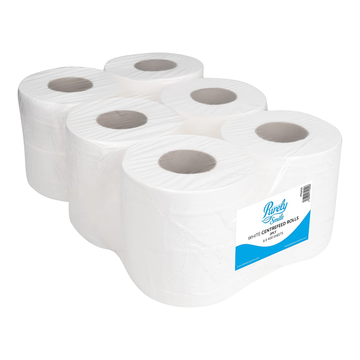 Blake & White 2 Ply Centrefeed White Tissue Rolls - Purely Smile 6 Pack, 400 Sheets Paper Towel Roll for Wiping Surfaces & Drying Hands - Strong & Ultra Absorbent Tissue Paper Roll - PS1215