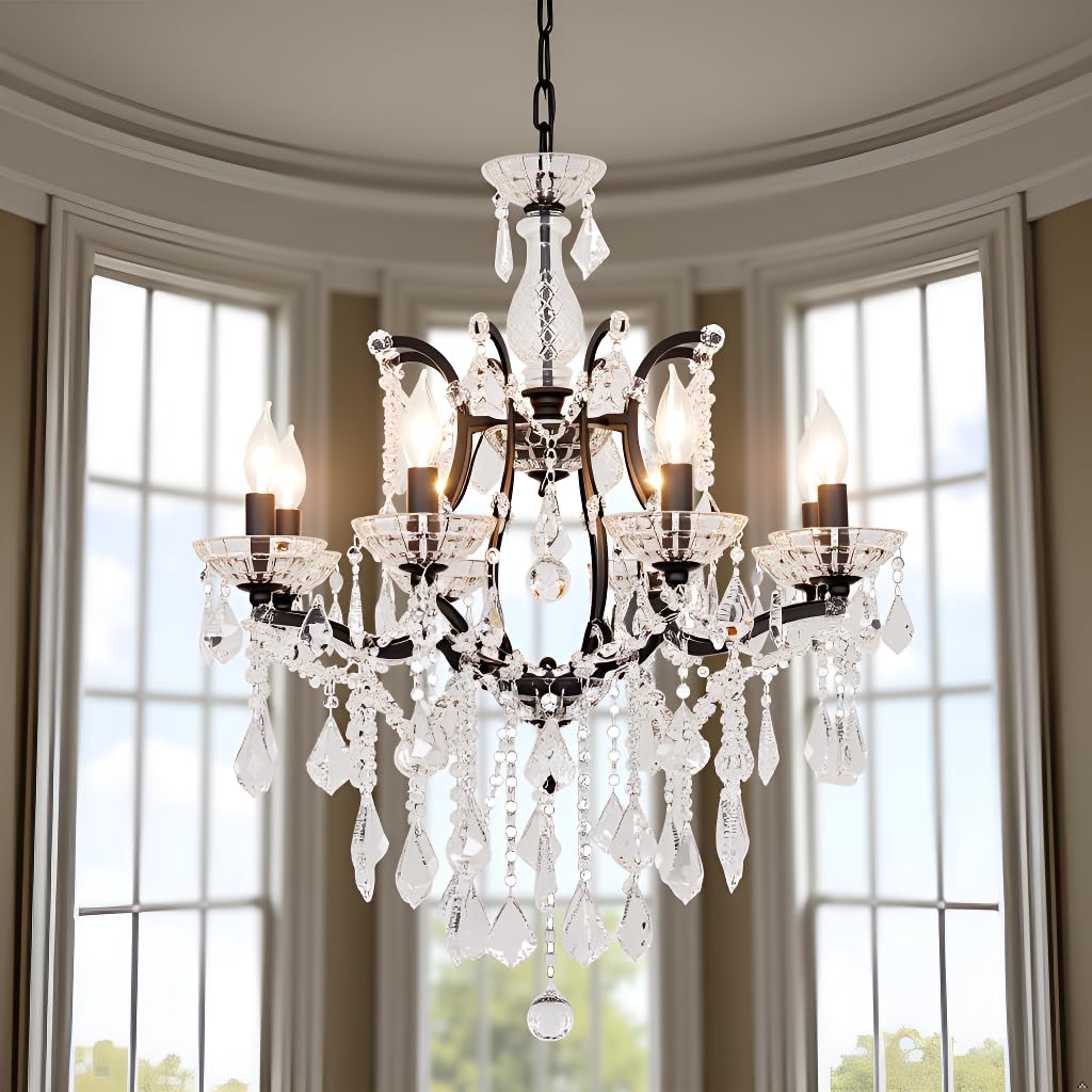 CHGUOSZ 8-Light Crystal Chandelier Black Finish Modern Luxury Antique Flush Mount Chandelier with Crystal Drops Prisms Beads, Elegant Dining Room Living Room Entryway Foyer Ceiling Light Fixture