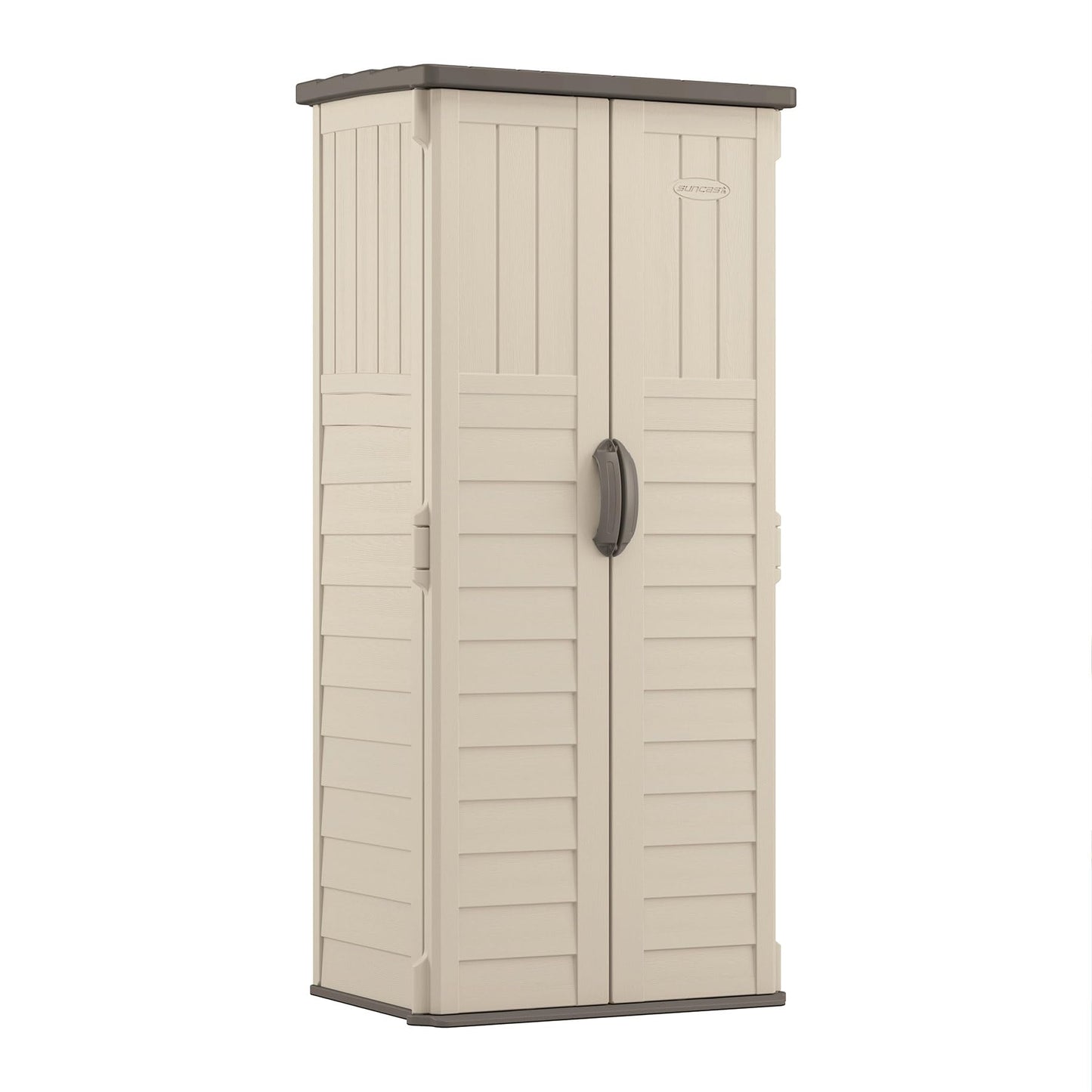 Suncast Vertical Outdoor Storage Shed with Reinforced Floor, Lockable Double Doors, All-Weather Construction, and Multi-Wall Panels, Vanilla, Made in the USA