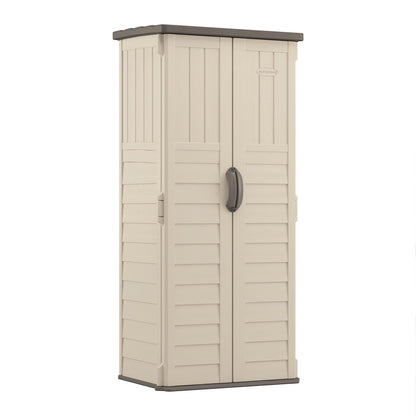 Suncast Vertical Outdoor Storage Shed with Reinforced Floor, Lockable Double Doors, All-Weather Construction, and Multi-Wall Panels, Vanilla, Made in the USA