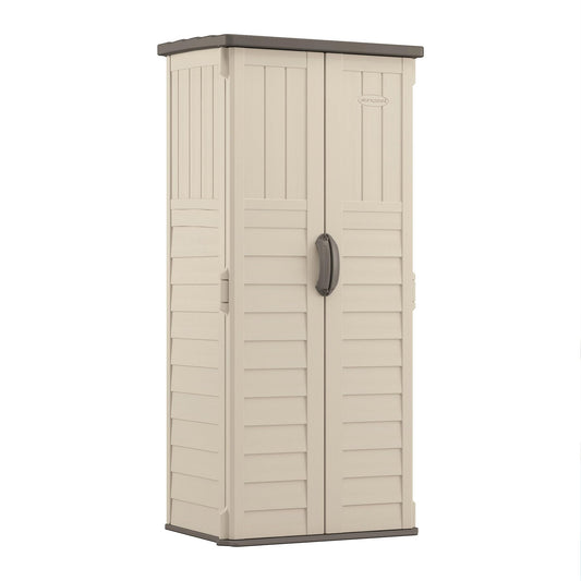 Suncast Vertical Outdoor Storage Shed with Reinforced Floor, Lockable Double Doors, All-Weather Construction, and Multi-Wall Panels, Vanilla, Made in the USA