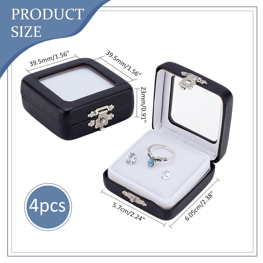 PH PandaHall 4pcs PU Leather Gemstone Display Box, Small Jewelry Containers Black Rectangle Storage Case Rock Collection Box with Visible Window and Sponge for Small Items Gems Diamond Displaying