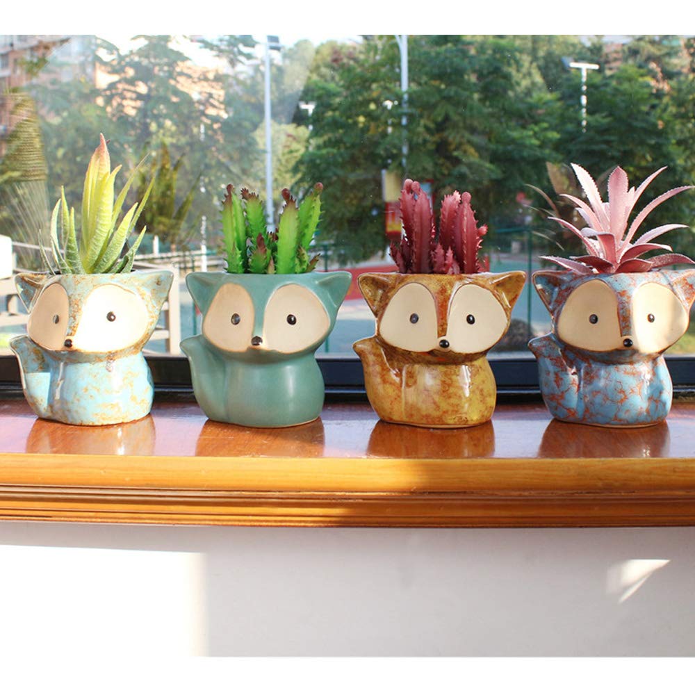 ANQIA 4 Pack Cute Fox Shape Ceramic Succulent Plant Pots Cactus Plant Pot Flower Pot with A Hole for Home & Office Decor