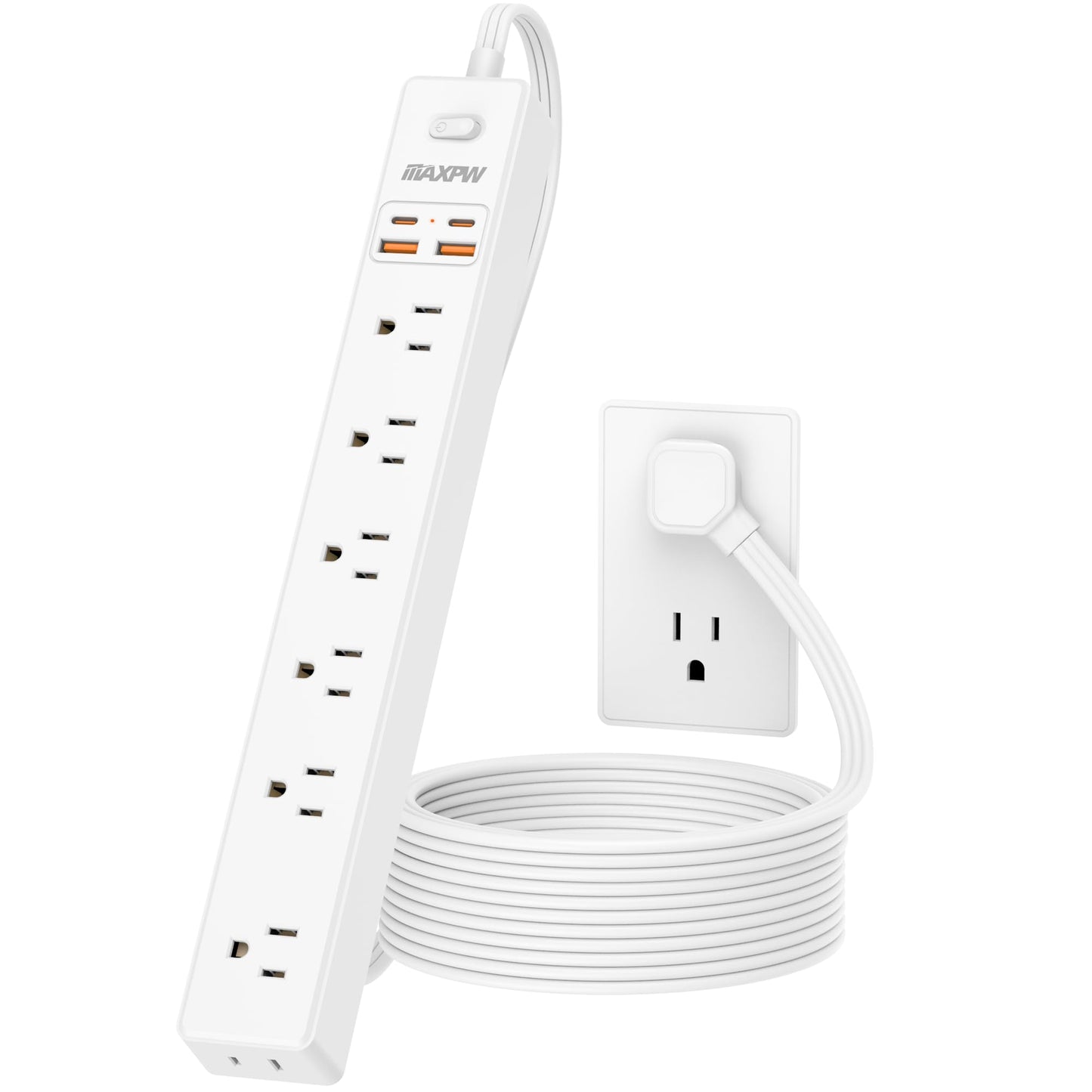 2 Pack Power Strip Surge Protector - 7 Outlets 4 USB Ports (2 USB C), 6 Ft Ultra Thin Flat Plug Extension Cord, 1875W/15A, 1700 Joules, Wall Mount for Home Office Dorm, White