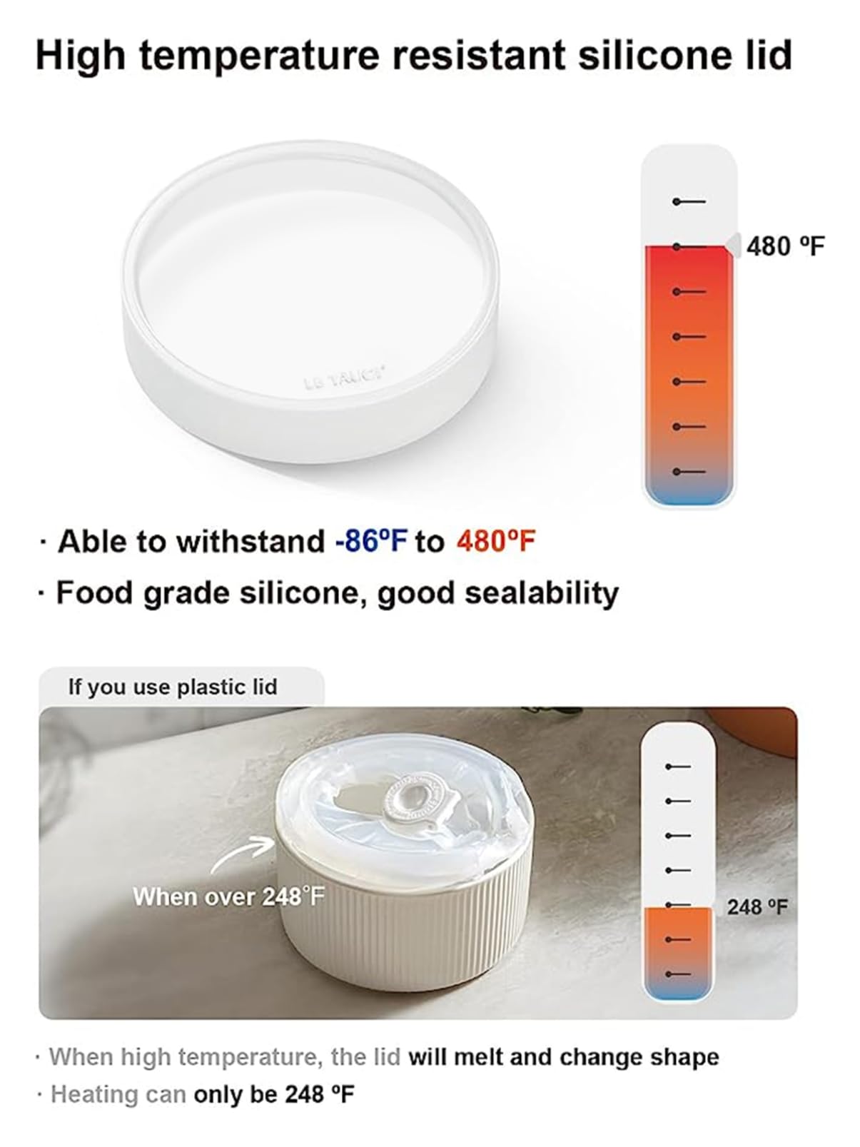 LE TAUCI Ramekins with Silicone Lids, 4 OZ Ceramic Soufflé Dishes, Ramekin Bowls for Crème Brûlée, Dessert, Dips, Oven & Microwave Safe, Set of 4, White
