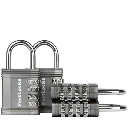 FortLocks Padlock - 4 Digit Combination Lock for Gym Outdoor & School Locker, Fence, Case & Shed – Heavy Duty Resettable Set Your Own Combo – Waterproof & Weatherproof (4 Pack - Silver)