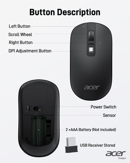 acer Computer Mouse Wireless, 2.4G Slim USB Wireless Mice with USB Receiver, 800/1200/1600 Adjustable DPI Optical Laptop Mouse with 4 Buttons, Portable for Laptop, Desktop, PC