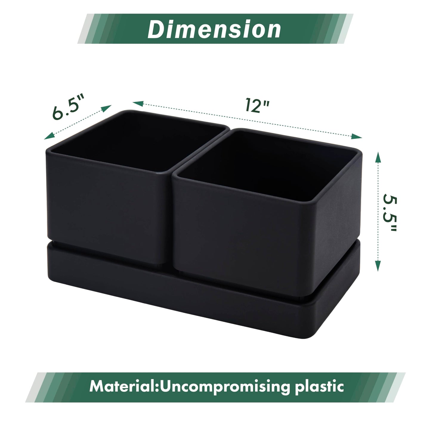 D'vine Dev Indoor Herb Garden Planter Set, Plastic Windowsill Plant Pots with Drainage and Saucer, Indoor Succulent Cactus Vegetable Pot for Balcony, Office, Garden, Black, Set of 1, 76-Q-B-1