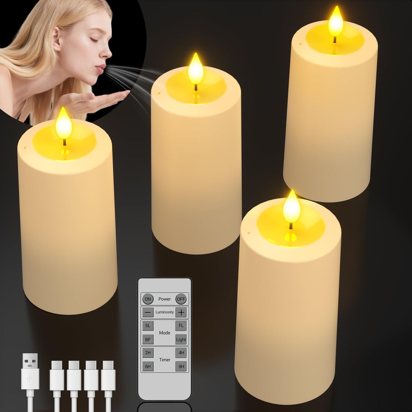 SoulBay USB Rechargeable Flameless Candles, 4-Pack LED Pillar Candles with Remote and Timer, Fake Electric Candles for Indoor Home Decor, Lanterns, Christmas & Parties (Magic Blow-Out Feature)