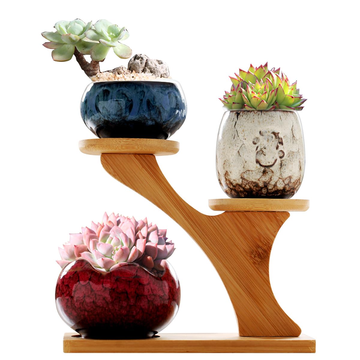 YYW Succulent Pots with Drainage Ceramic Plant Pot Indoor Small Flower Cactus Pots with Tree Tier Bamboo Stand Shallow Planter for Garden Windows Home Office Decor Plant Lovers Gifts