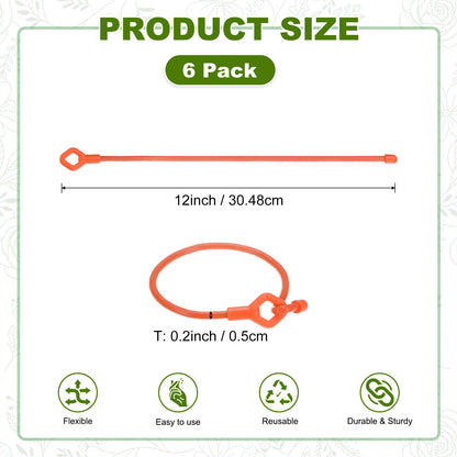M METERXITY 6-Pack Adjustable Plant Ties, 12inch/30.48cm Silicone Flexible Multi-Function Sturdy Garden Twist Tie for Plant Support/Tree/Shrub/Vine, Reusable Support Twine [Orange]