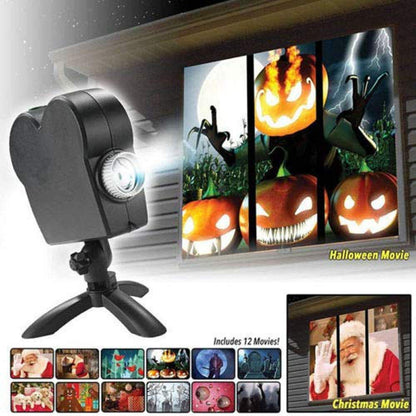 VRBFF Christmas Halloween Win dow Projector Light,12 Movies Festival LED Projection Decoration Spotlight for Home Outdoor Party Turns Your Curtain into Movie Screens